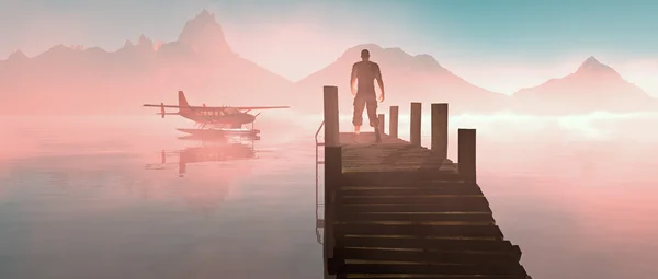 Περπάτημα άνθρωπος στο pier στη λίμνη με κυμαινόμενο αεροπλάνο. θολό τοπίο sunris — Φωτογραφία Αρχείου