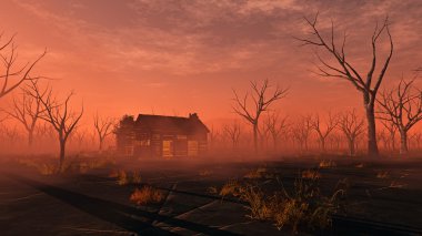 Remote lonely wooden cabin in misty landscape with dead trees. S clipart
