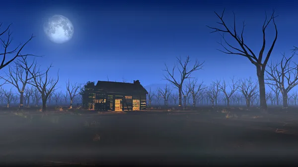 Cabane isolée en bois dans un paysage brumeux avec des arbres morts au clair de lune — Photo