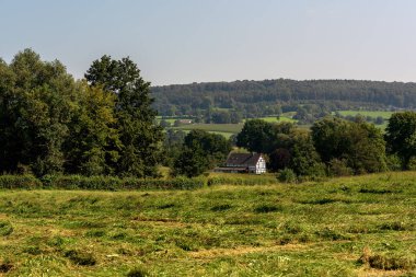 Güneşli bir yaz gününde mavi gökyüzünün altında tarihi, beyaz, yarı ağaçlı bir çiftlik ve ağaçlarla yeni biçilmiş çayır..