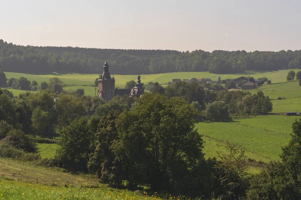 Castillo Histórico Paisaje Montañoso Soleado Con Prados Árboles Una Granja —  Fotos de Stock