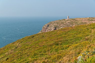 Cliffs çiçekli ve eski frehel Cape'de kule. brittan