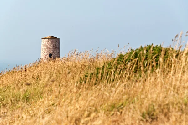 Hierba larga con antigua torre en el Cabo de Frehel. Brittany. Franc. —  Fotos de Stock