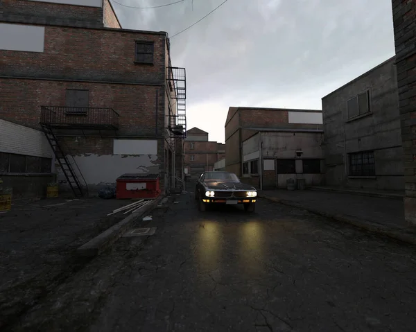 Vintage 1970S Muscle Car Illuminated Headlights Street Abandoned Derelict Industrial — Stock Photo, Image