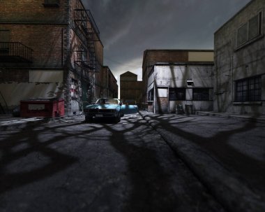 1970 'lerin klasik kaslı arabası. Sokakta açık sürücü kapısı olan terk edilmiş, ıssız, karanlık bir sanayi bölgesinde ağaçtan parlayan benekli bir ışıkla. 3B görüntüleme.