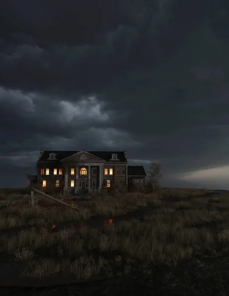 草原上那座破烂不堪 荒废不堪的房子 在乌云密布的天空下 室内灯火通明 3D渲染 — 图库照片