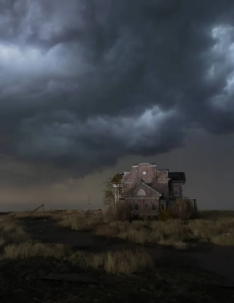 草原上一座破旧不堪 荒废不堪的大房子 笼罩在乌云密布的天空下 被斑驳的灯光透过一棵树照亮 3D渲染 — 图库照片