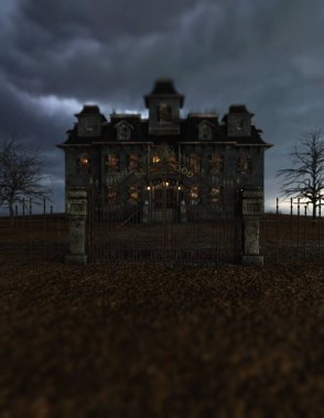 Karanlık bulutlu bir gökyüzünün altında pencereleri aydınlık pencereleri ve ahşap rafları olan terk edilmiş ve harap olmuş ürkütücü bir malikanenin demir kapısı. 3B görüntüleme.