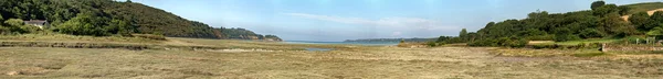 Paisagem de grama panorâmica costeira com céu azul. Brittany. Franco — Fotografia de Stock