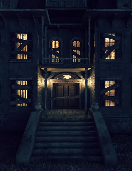 Front door entrance of an spooky, abandoned and dilapidated manor with illuminated windows and  porch lights at dusk. 3D rendering.