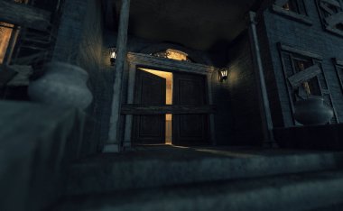 Korkunç, terk edilmiş ve harap olmuş pencereleri ve alacakaranlıkta veranda ışıkları olan bir malikanenin kapısı açık. 3B görüntüleme.