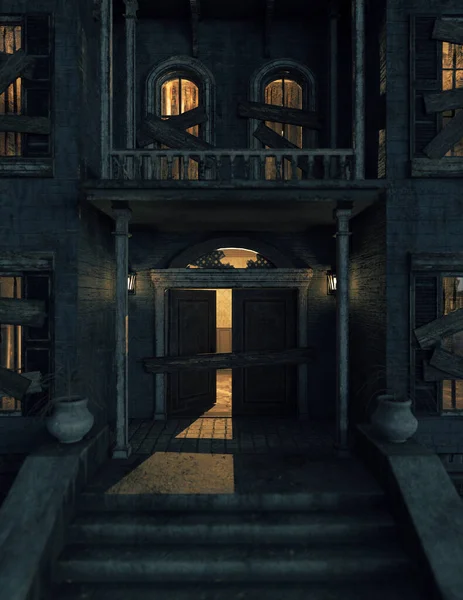 Eingangstür Mit Geöffneter Tür Eines Gespenstischen Verlassenen Und Heruntergekommenen Herrenhauses — Stockfoto