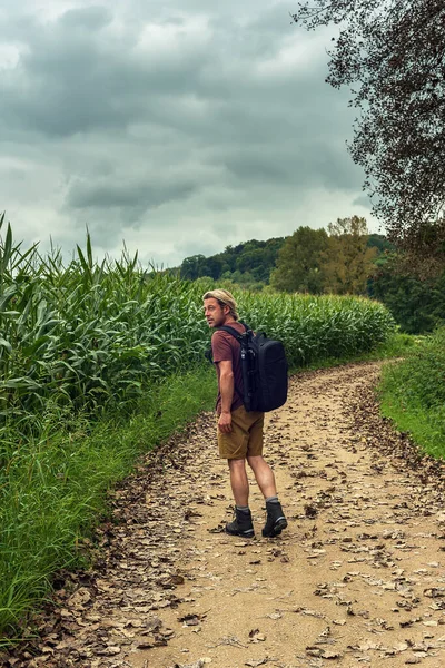 Man Blond Hair Stubble Beard Walks Path Cornfield Forest Countryside — Stock Photo, Image