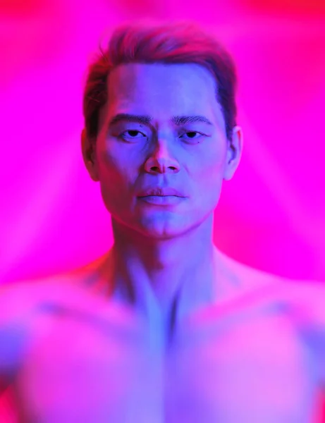 Shirtless Athletic Asian Man Blue Pink Coloured Light Studio Portrait — Stock Photo, Image