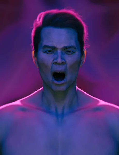 Schreiender Hemdsloser Asiatischer Mann Blauem Und Rosafarbenem Licht Rendering — Stockfoto