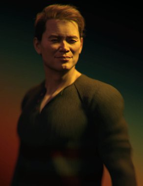 Gri kazaklı gülümseyen Asyalı bir adamın gölgeli portresi. 3B görüntüleme.