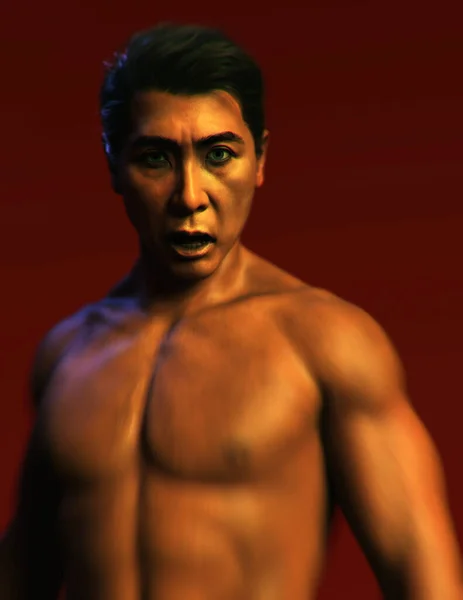 Portrait Scared Muscled Bare Chested Asian Man Red Background Render — Stock Photo, Image