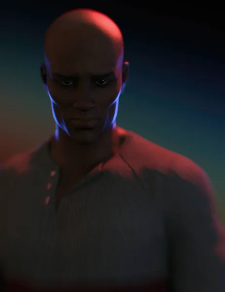 赤と青の縁の光の灰色のセーターにはげアフロアメリカ人の男性の低キーライトの肖像画 3Dレンダリング — ストック写真