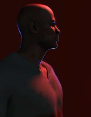 Kırmızı ve mavi ışıklı gri kazaklı kel bir Afro-Amerikan 'ın portresi. Yan görüş. 3 Boyutlu Hazırlama.