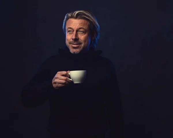 Shadowy Night Portrait Happy Smiling Man White Cup Coffee His — Stockfoto