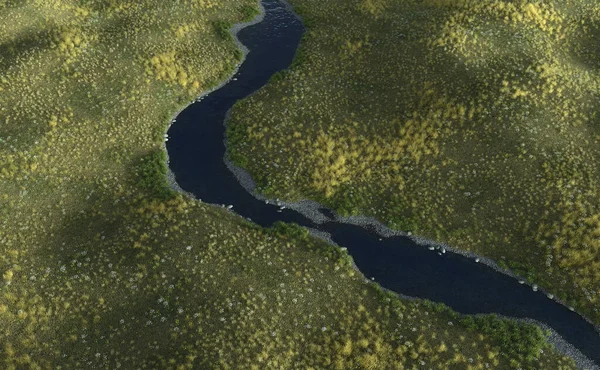 Ένα Ποτάμι Καταπράσινους Λόφους Στο Πάνω Μέρος Απόδοση — Φωτογραφία Αρχείου
