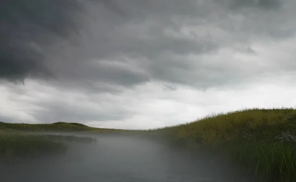 Rivière Brumeuse Dans Une Campagne Vallonnée Sous Ciel Nuageux Rendu — Photo