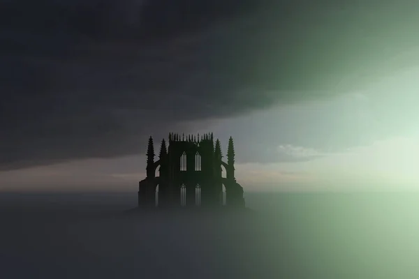 Romba Dőlt Történelmi Templom Ködös Vidéken Felhős Alatt Renderelés — Stock Fotó