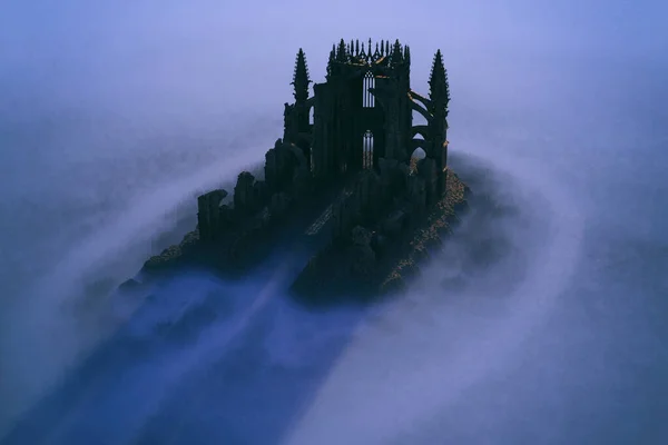 Rovinata Chiesa Storica Nella Nebbia Vista Angolo Alto Rendering — Foto Stock