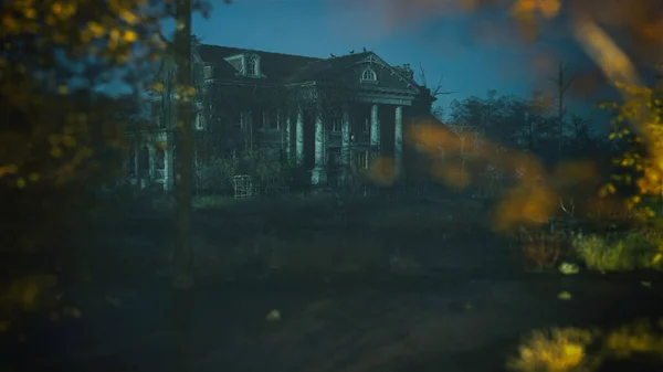Τρομακτικό Εγκαταλελειμμένο Ιστορικό Εξοχικό Σπίτι Φθινόπωρο Τοπίο Σούρουπο Απόδοση — Φωτογραφία Αρχείου