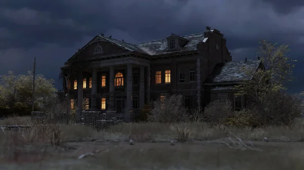 Verlaten Griezelig Landhuis Met Verlichte Ramen Onder Een Donkere Bewolkte — Stockfoto