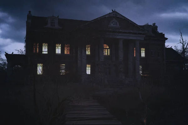 Verlassenes Gruseliges Herrenhaus Mit Beleuchteten Fenstern Unter Dunklem Wolkenverhangenem Himmel — Stockfoto
