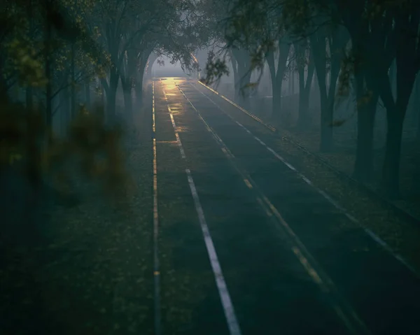 トンネルにつながる秋の森の中で空の霧の道 角度の高いビュー 3Dレンダリング — ストック写真