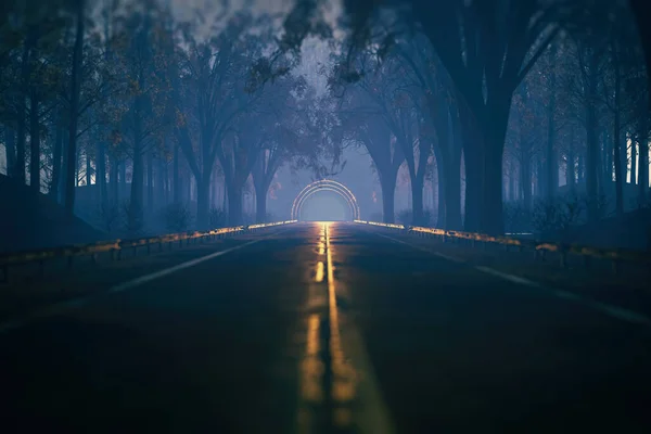 Empty Misty Road Autumn Forest Leading Tunnel Render — Stock Photo, Image
