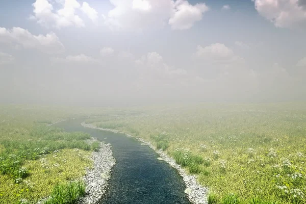 青空の下で春には霧の田舎圧延の小さな川 3Dレンダリング — ストック写真