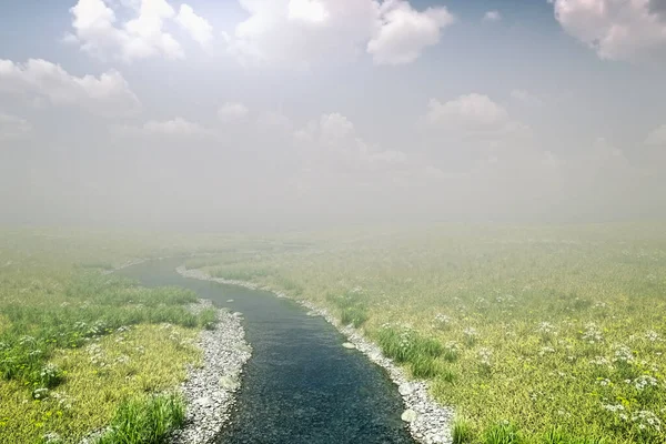 Kleine Rivier Mistig Glooiend Landschap Het Voorjaar Onder Een Blauwe — Stockfoto