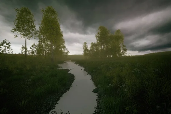 在多云的天空下 有一条小河和白桦树 3D渲染 — 图库照片