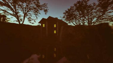 Alacakaranlıkta mavi gökyüzünün altındaki ağaçlar arasında yanan pencereli su değirmeni evi. 3 Boyutlu Hazırlama.