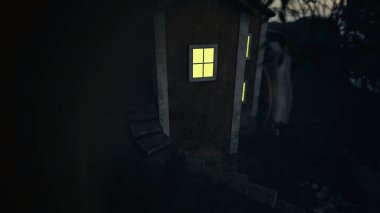 Alacakaranlıkta bir su değirmeni evinin camları aydınlatılmış. 3 Boyutlu Hazırlama.