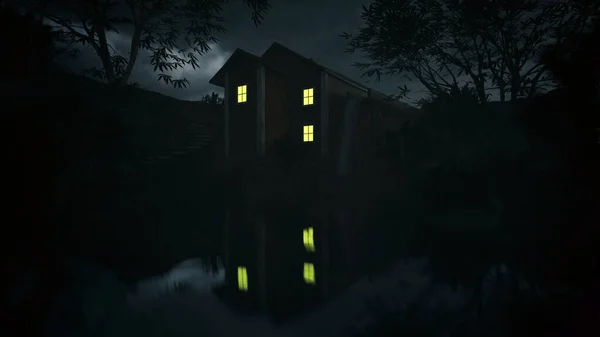 Casa Moinho Água Com Janelas Iluminadas Entre Árvores Sob Céu — Fotografia de Stock