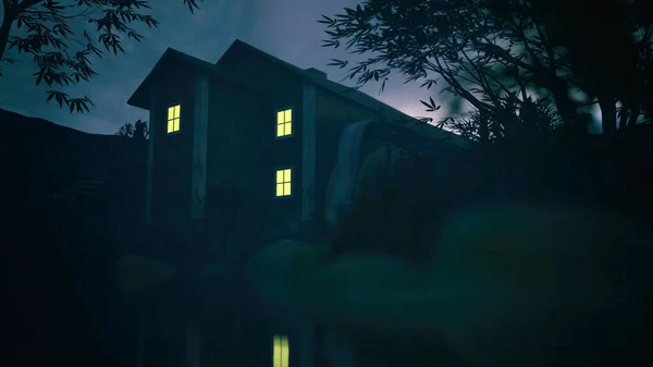 夕暮れ時に曇った空の下で木々の間に照明付きの窓のある水車小屋 3Dレンダリング — ストック写真