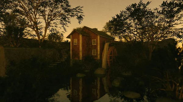 Watermolen Huis Met Bomen Onder Een Blauwe Lucht Bij Zonsopgang — Stockfoto