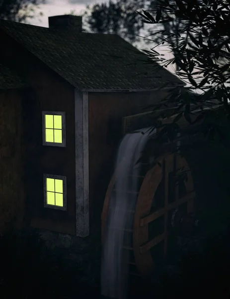 Ventanas Iluminadas Una Casa Molino Agua Entre Árboles Atardecer Renderizado —  Fotos de Stock