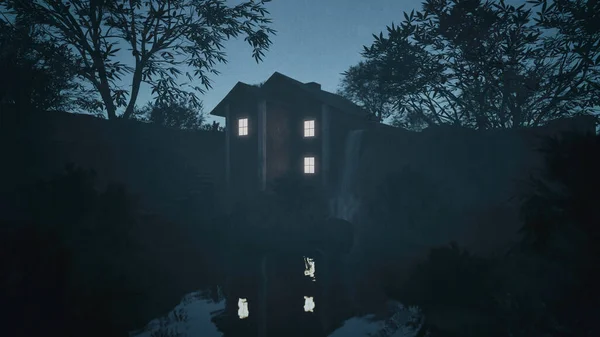 Casa Moinho Água Com Janelas Iluminadas Entre Árvores Crepúsculo Enevoado — Fotografia de Stock