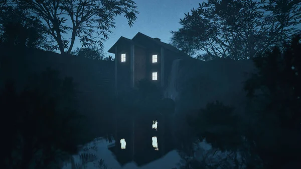 Casa Moinho Água Com Janelas Iluminadas Entre Árvores Crepúsculo Enevoado — Fotografia de Stock