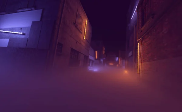 Misty Βιομηχανικό Σοκάκι Φώτα Νέον Μέσα Στη Νύχτα Απόδοση — Φωτογραφία Αρχείου