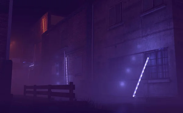 Misty Callejón Industrial Con Luces Neón Noche Renderizado — Foto de Stock