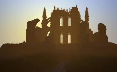 Sisli kırsaldaki harabe katedral. 3 Boyutlu Hazırlama.