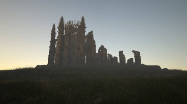 Güneş doğarken kırsal kesimdeki bir tepede yıkılmış bir katedral. 3 Boyutlu Hazırlama.