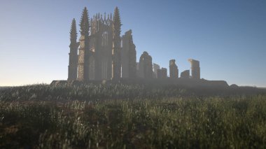 Sisli kırsaldaki harabe katedral. 3 Boyutlu Hazırlama.