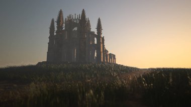 Güneşin doğuşuyla birlikte sisli kırsal bölgedeki bir tepede yıkılmış bir katedral. 3 Boyutlu Hazırlama.